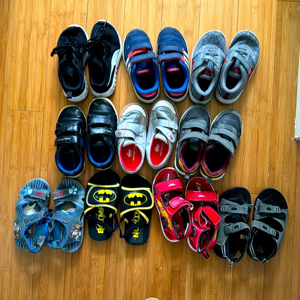Size 10 kids’ shoes lot (sneakers, sandals) adidas, Nike, see Kai…